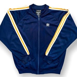 Large 90’s Vintage Adidas Navy & Yellow Stripes Zip-up Sweater